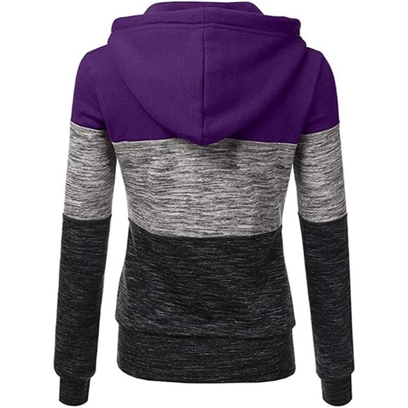 Women's Color Block Hoodie Zip-Up Jersey Jacket Plus Size Casual Top - Picture 3 of 4
